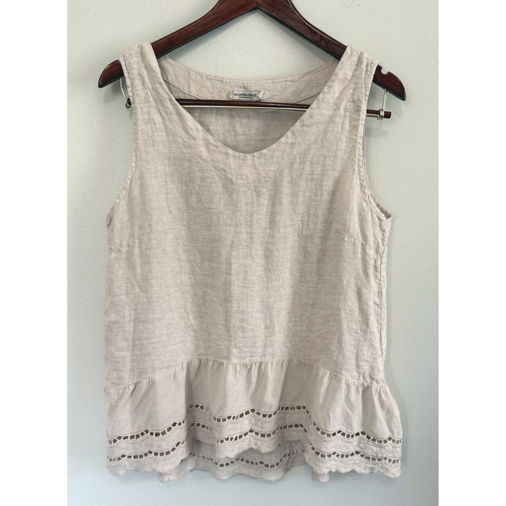 Valentina Naldi Linen Tank Top Beige Eyelet Peplum Blouse Made in Italy Sz Large